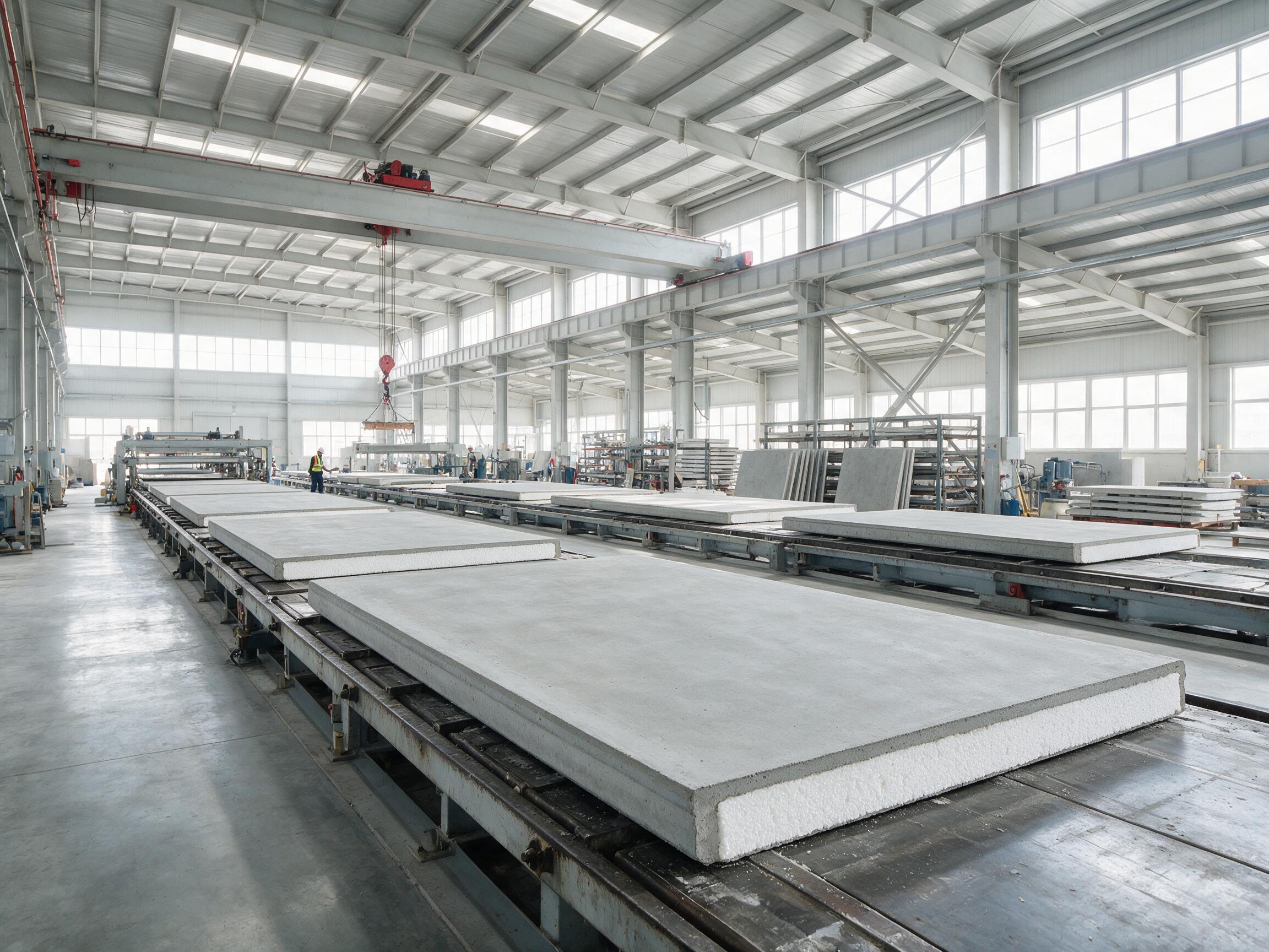 Linha de produção de painéis leves modulares em fábrica, com painéis sobre bancadas metálicas e operários com equipamento de segurança.