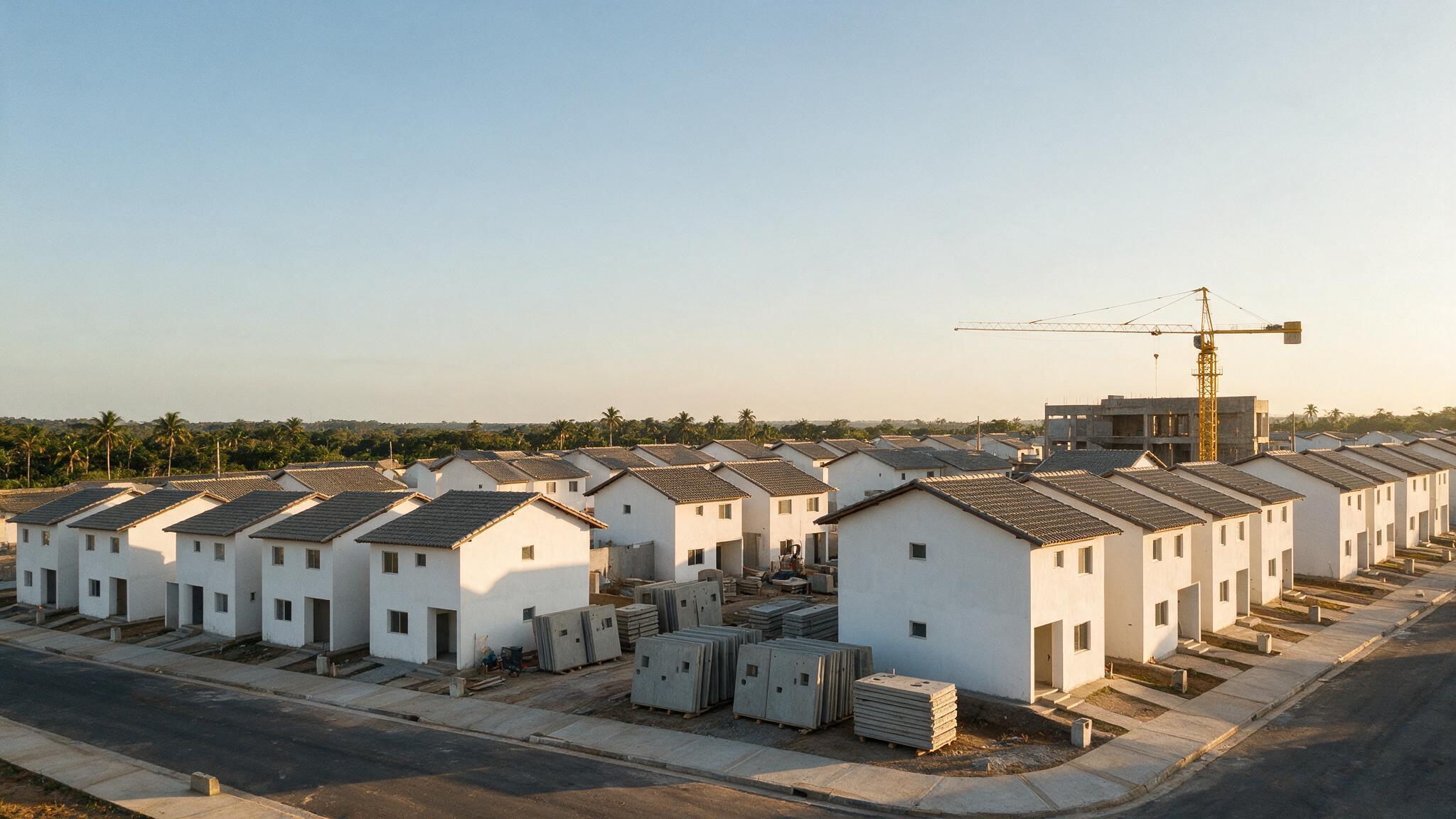 Vista aérea de um conjunto habitacional industrializado em construção, com casas idênticas de dois pavimentos e painéis pré-fabricados no canteiro.