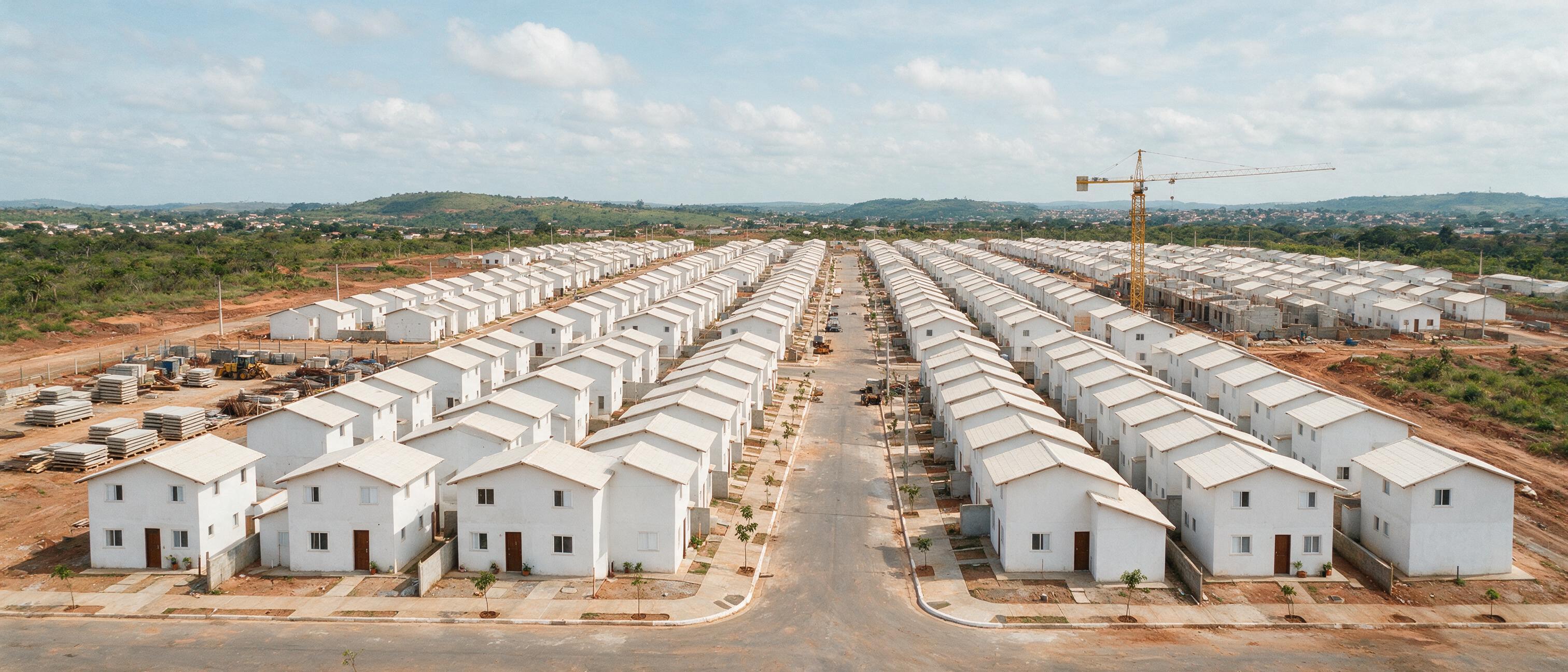 Vista aérea de um conjunto habitacional industrializado em construção, com casas idênticas de dois pavimentos e painéis pré-fabricados no canteiro.