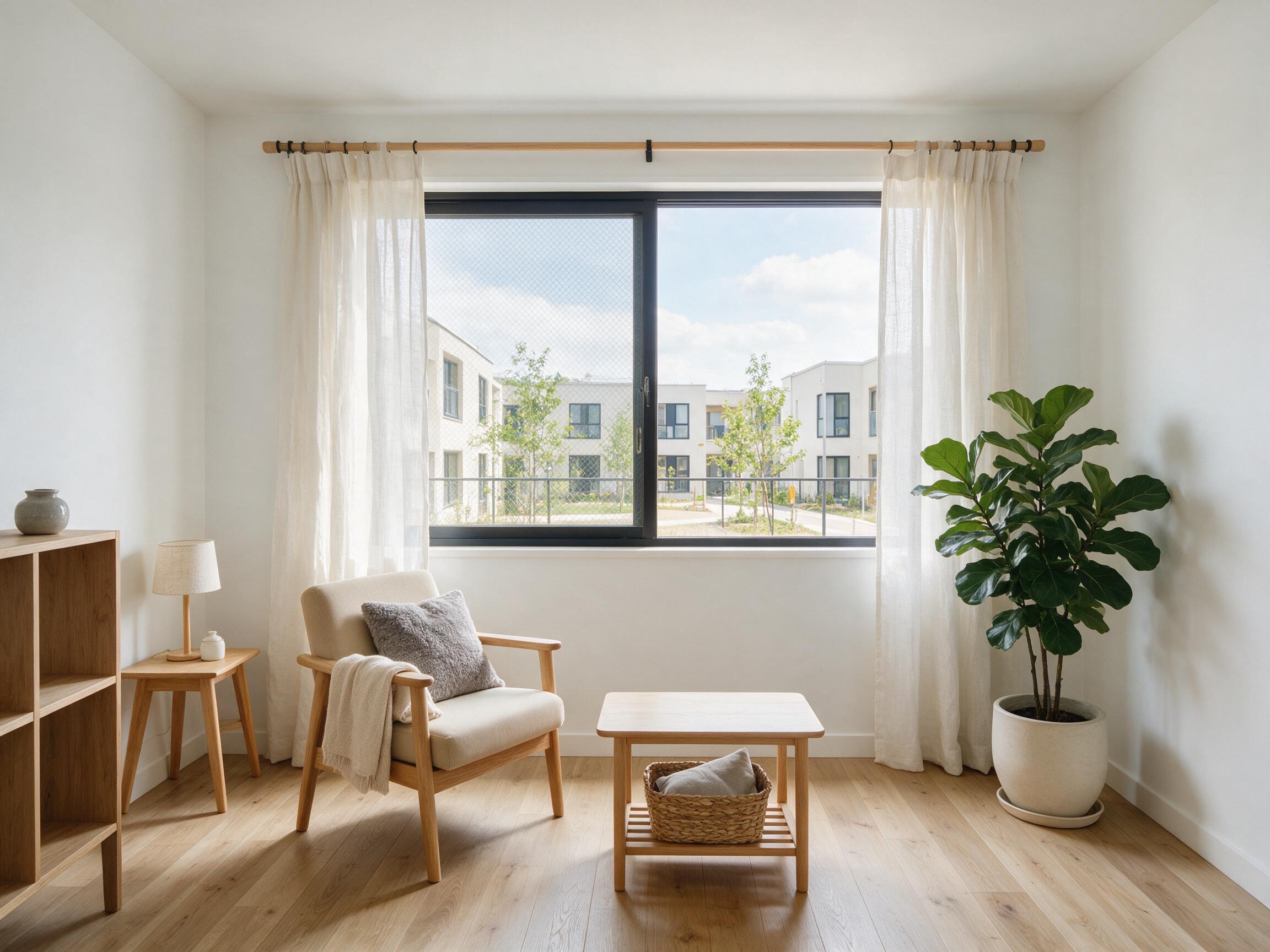 Interior acabado de uma unidade habitacional compacta com paredes brancas.