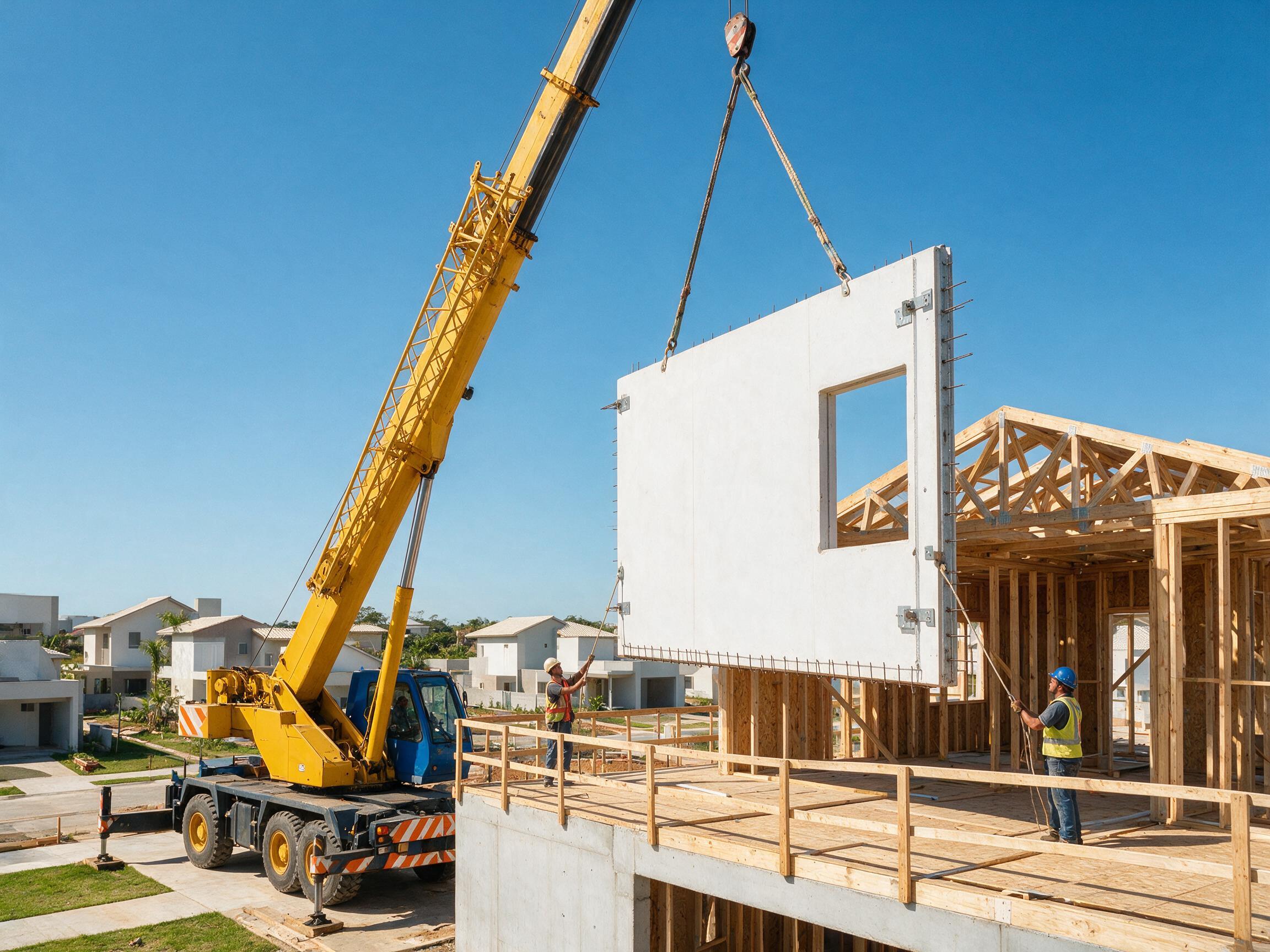Grua posicionando um painel modular pré-fabricado sobre a estrutura de uma casa em construção, com operários orientando a peça.