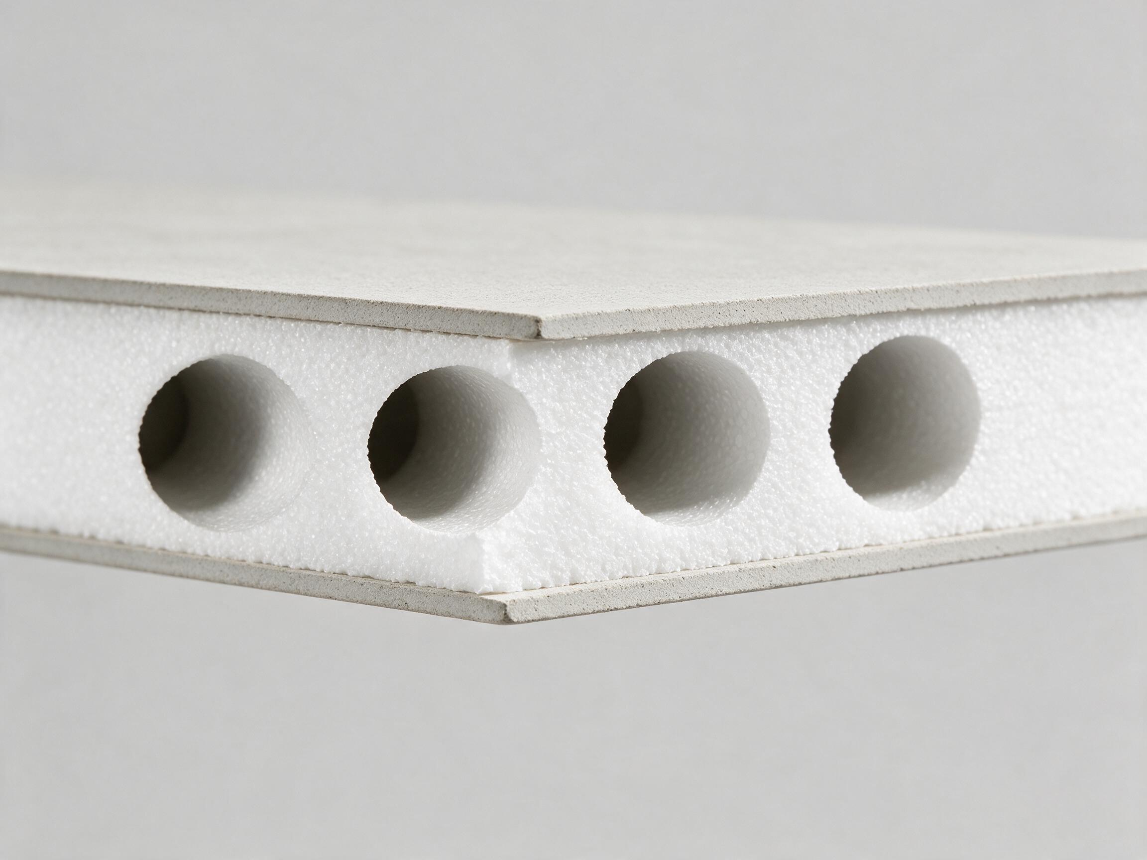 Close-up da seção cortada de um painel leve modular: chapas cimentícias nas faces, núcleo em EPS e alvéolos circulares.